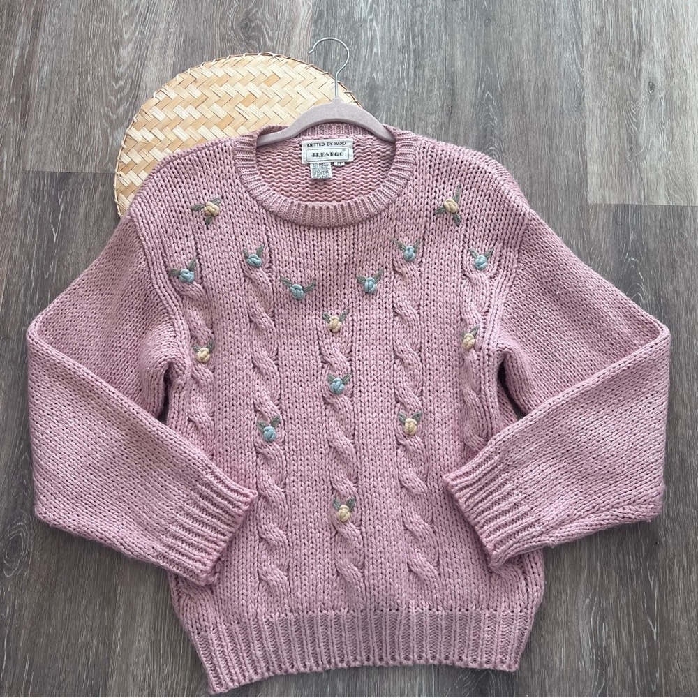 Vintage cottagecore 3D embroidered floral sweater pink grannycore‎ dainty